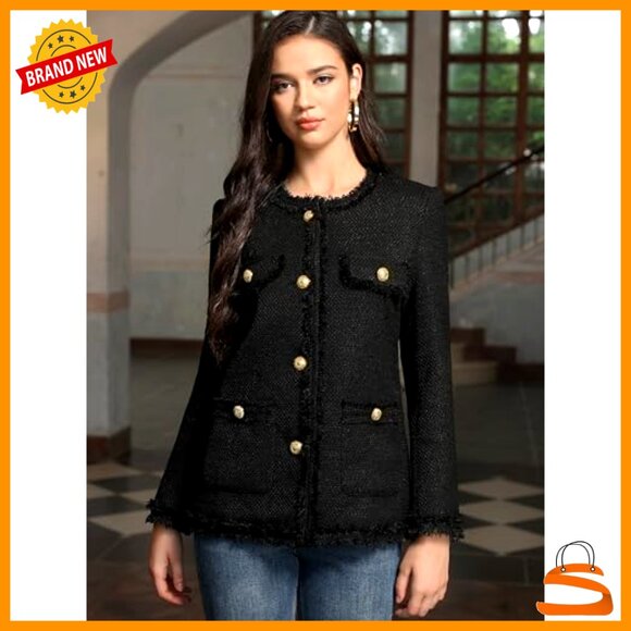 Tweed Blazer Jacket Elegant Collarless Long Sleeve Open Front Casual Chic - Picture 4 of 6